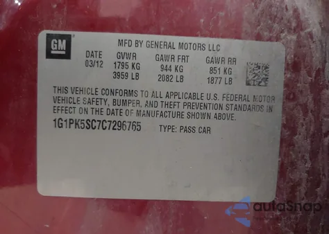 2012 Chevrolet Cruze Eco from USA, damaged, VIN 1G1PK5SC7C7296765